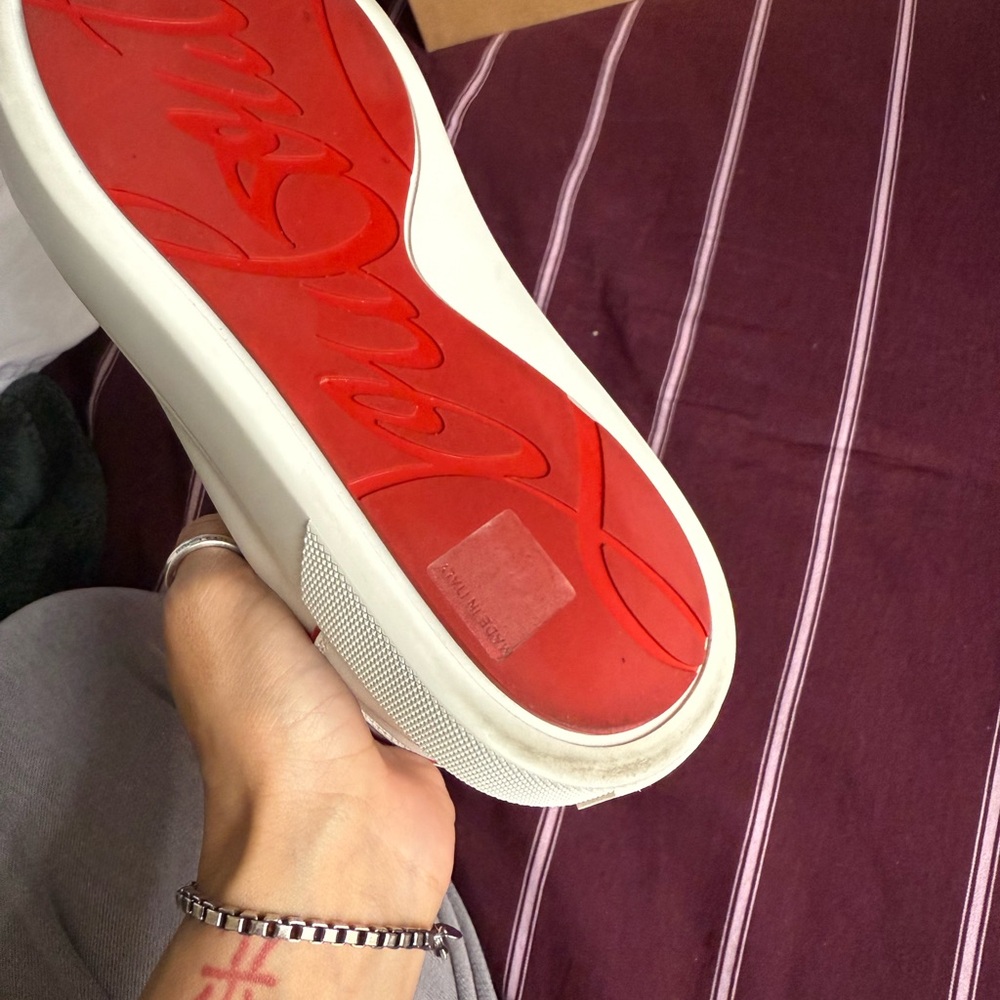 Christian Louboutin White Leather Sneakers with Red Trim - Picture 3 of 8